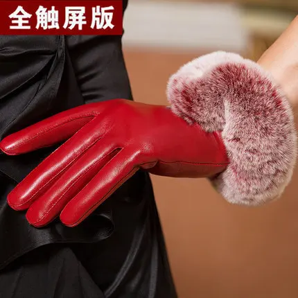 

Winter rabbit's hair lovely sheepskin gloves genuine leather gloves add velvet Thicken Keep Warm woman telefingers gloves MLZ001