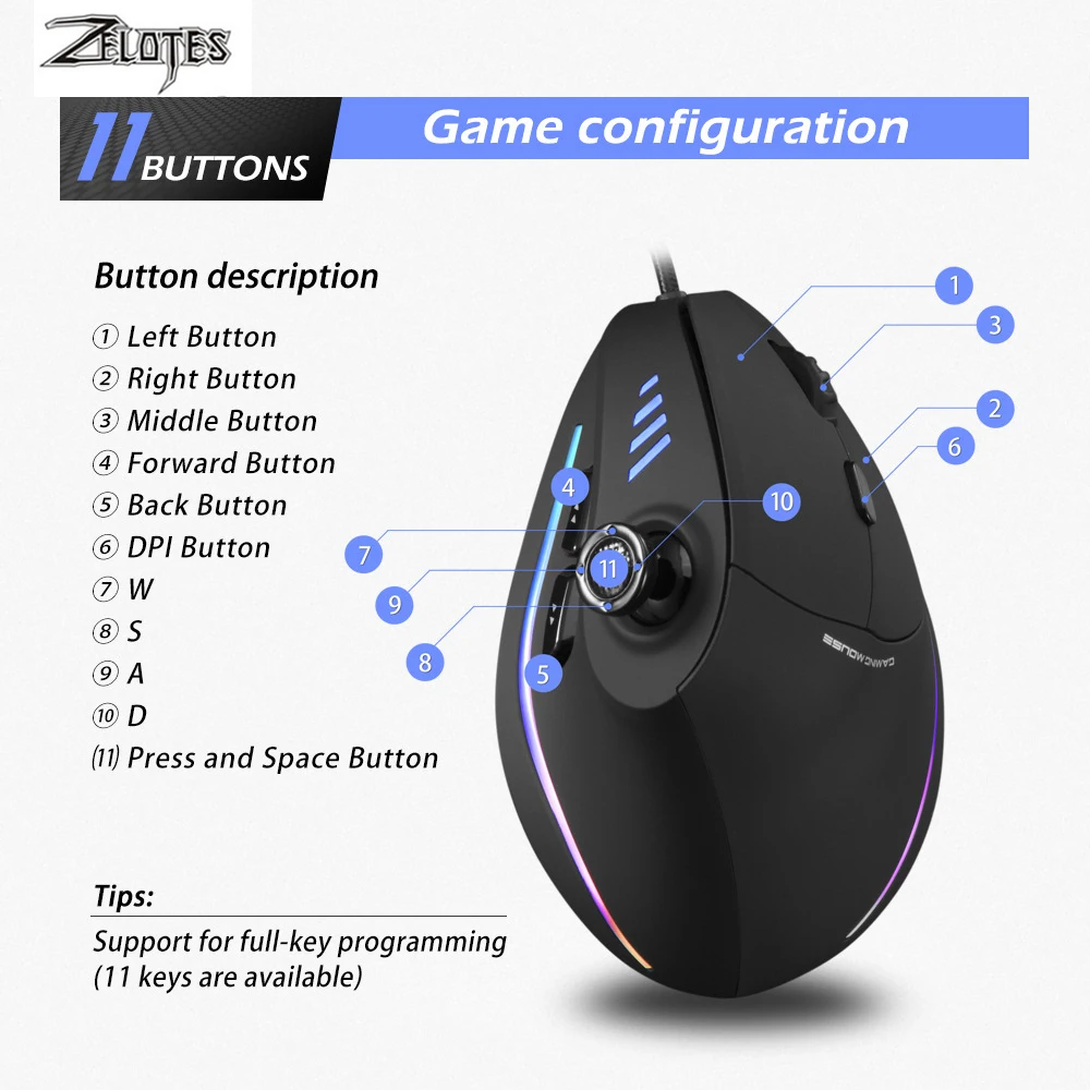 Вертикальная Проводная оптическая игровая мышь ZELOTES USB 10000 DPI 12 программируемых