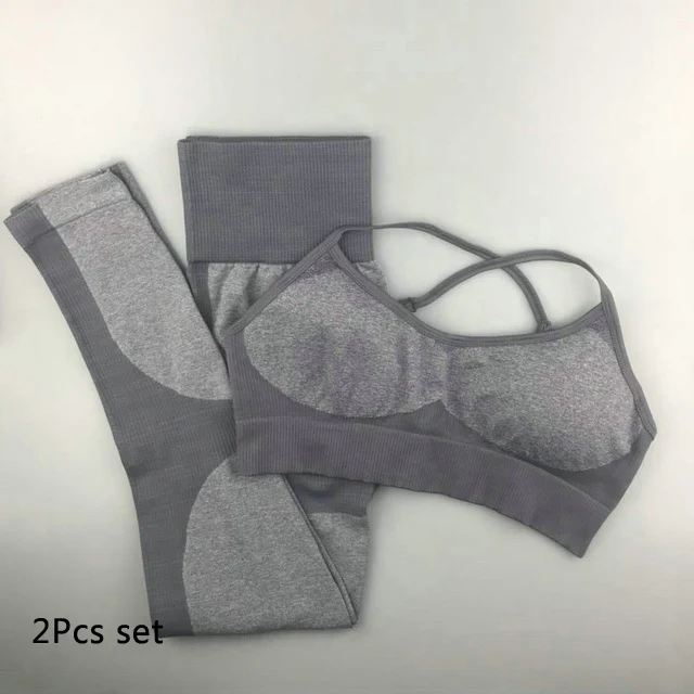gray 2pcs set 2 шт., энергетический бесшовный Набор для йоги, одежда, леггинсы+ спортивный бюстгальтер тренировочный костюм для занятий йогой, Женский комплект для фитнеса, одежда для активного бега - Цвет: gray 2pcs set