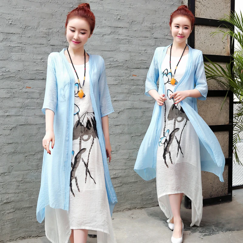2019 размера плюс хлопок лен комплект из двух частей платье кимоно Пляжная туника