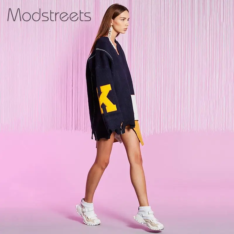 Modstreets, женские свитера и пуловеры, вязаный свитер, женский свитер с асимметричными манжетами, свободный свитер с длинным рукавом