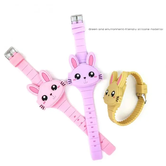 1 шт. Детские светодиодный электронные часы силиконовый ремешок мультяшный кролик флип чехол наручные часы прекрасный подарок AIC88