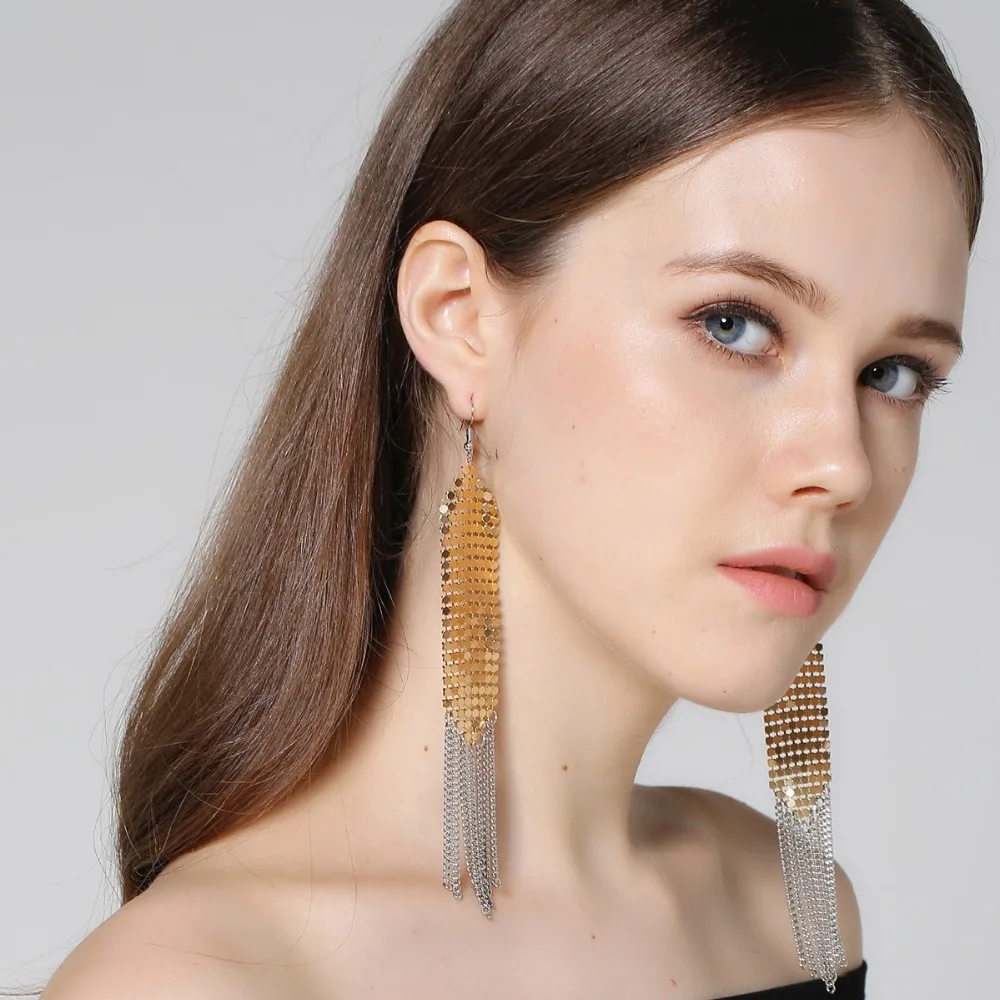 Элегантный Для женщин длинной кисточкой Серьги висит Цепи бахрома Блёстки