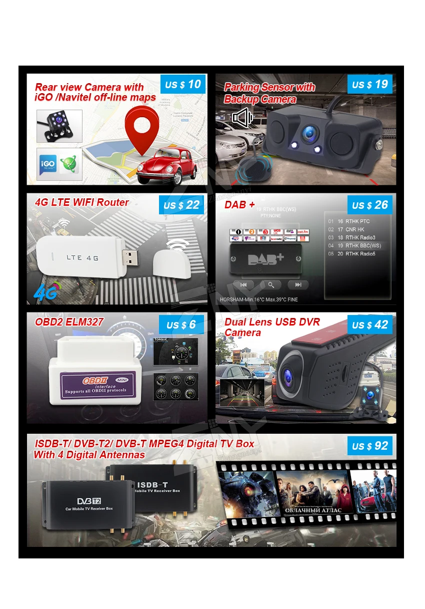 Автомобильные DVD аксессуары резервная камера OBD2 DVR DAB 4G донгл роутер ТВ коробка