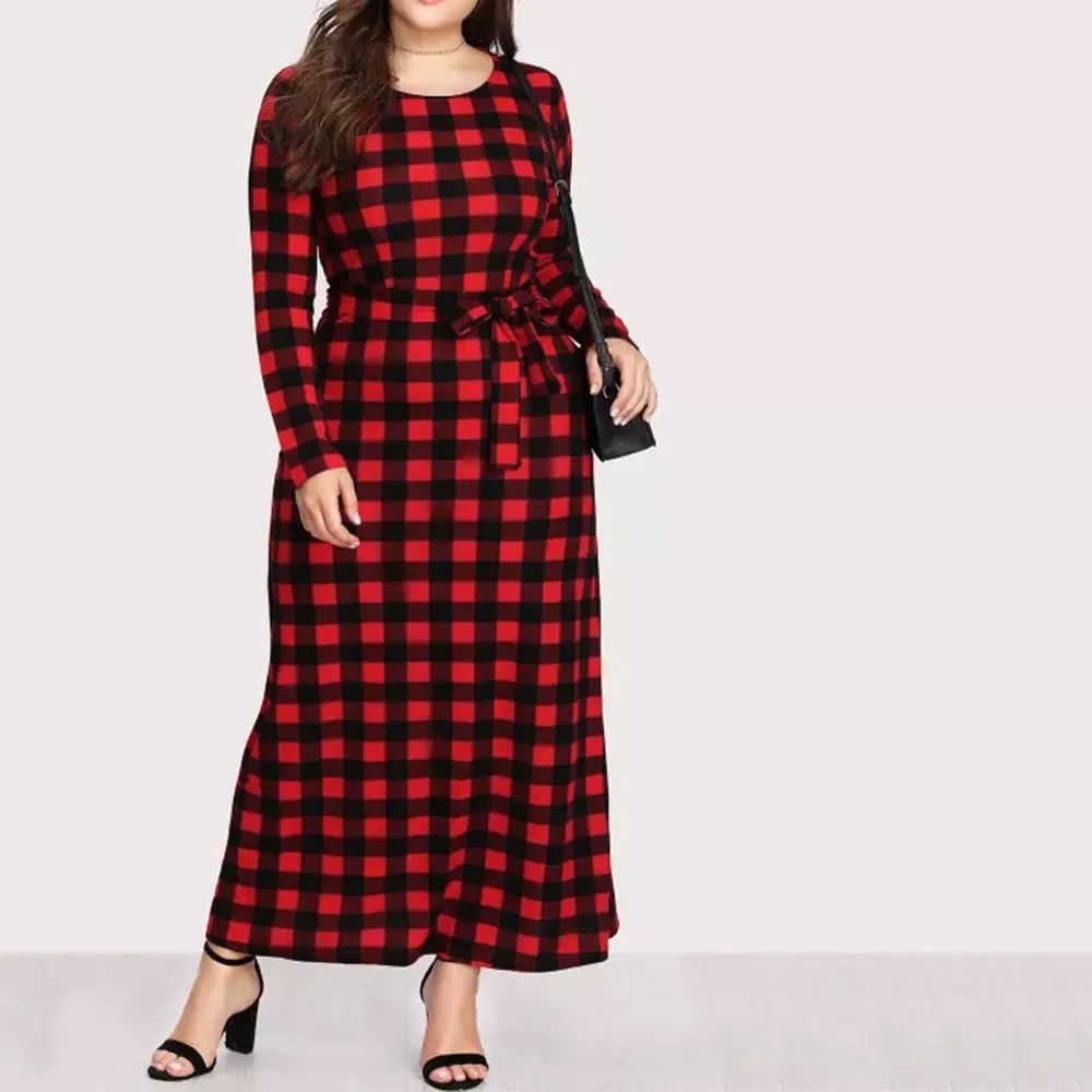 Модное женское платье большого размера футляр с длинным рукавом в клетку