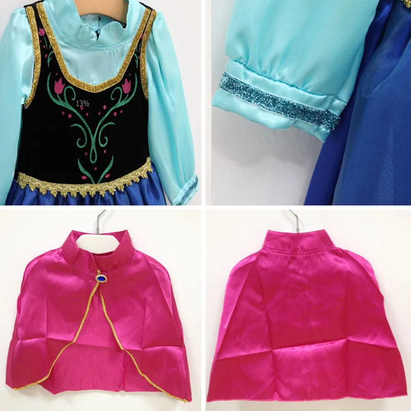 

Cartoon Characters Anna Elsa Dress Cosplay Costume Blue Stage with Red Cloak Girls Dresses Kids Child Baby Princess Clothing
