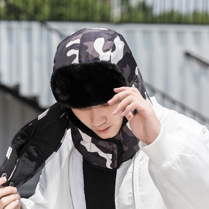 Мужская шапка-бомбер зимняя уличная ветрозащитная теплая шапка для езды на