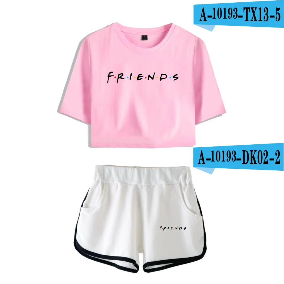 pink white LUCKYFRIDAYF друзья Мода как вы делаете летние шорты и футболки женские комплекты из двух предметов поп-кроп-топ повседневная одежда - Цвет: pink white