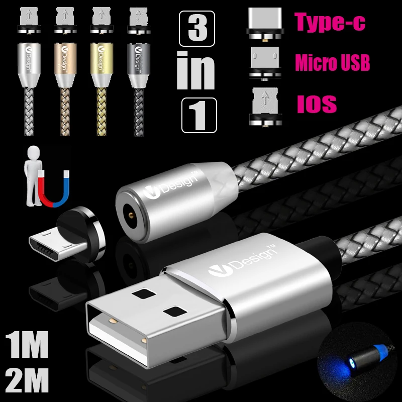 Круглый Магнитный штекер Micro USB/Type C/IOS 1 м 2 3 в 360 круглый кабель для быстрой зарядки