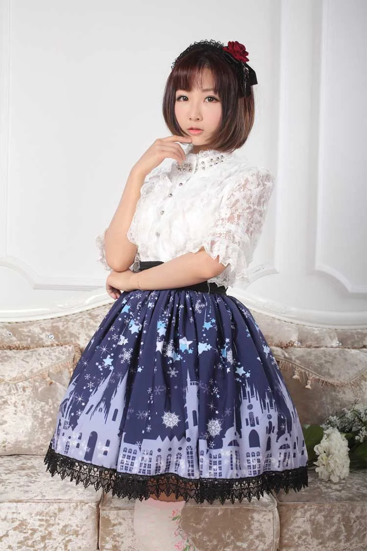 Милая темно синяя плиссированная юбка трапециевидной формы с принтом церкви и