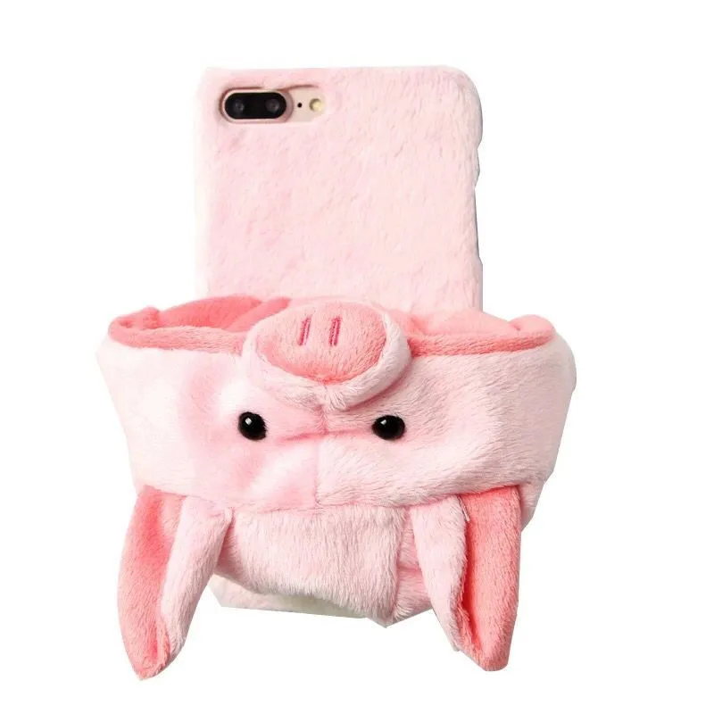Ainike Cute Warm Fur Ball Pig Dog Hat Phone Case For iPhone X 6 6s Plus 7 7Plus 8 8Plus Animal Ears Soft Furry Plush Back Cover |