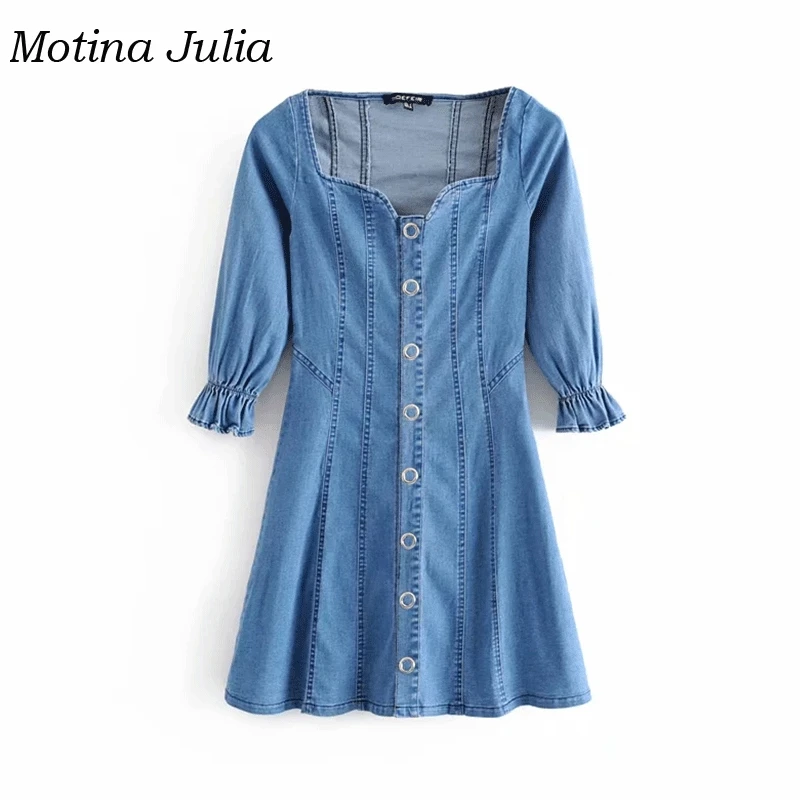Motina Julia потертое джинсовое платье для женщин 2019 летнее Мини с квадратным вырезом