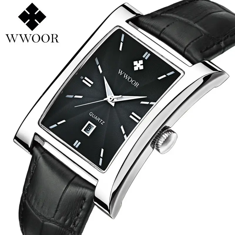 WWOOR Brand Luxury Date Square Quartz Watch Men Water Resistant Genuine Leather Casual Sports Wrist Black Analog Clock | Наручные часы