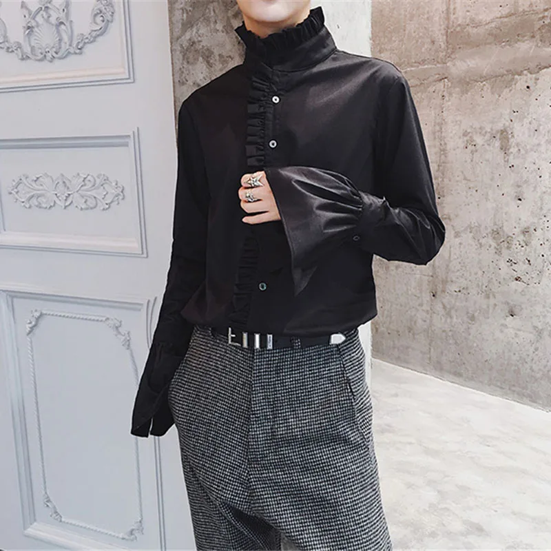 Мужская рубашка винтажная черная белая с воротником стойкой и оборками 904 918|f