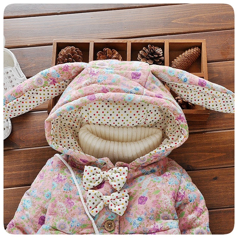 Зимнее пальто для маленьких девочек Цветочный принт с кроличьими ушками на