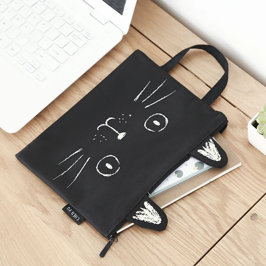 Cute Kitten Shape Canvas Handbag A4 Paper Holder File Folder Zipper Bag Cartoon School Office Supplies Data Document Storage | Канцтовары