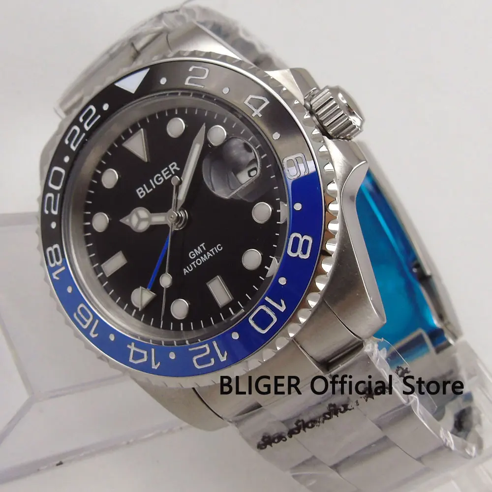Bliger 40 мм GMT функция сапфировое стекло керамический ободок черный циферблат