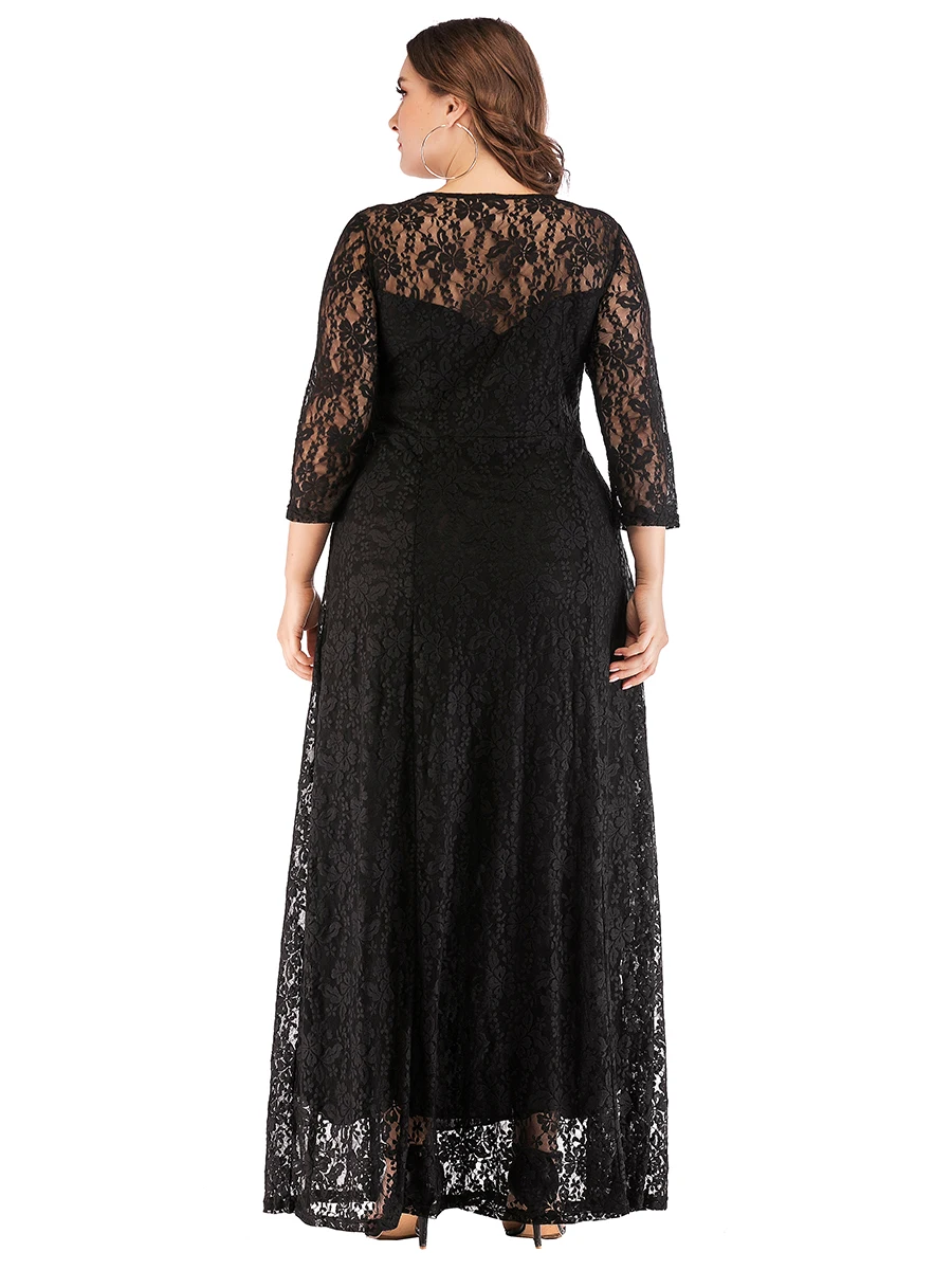luxury wedding party dresses Women Ladies 4xl 5xl 6xl Plus Size 3/4 Sleeve Lace floral hollow out Long Dress solid color Dresses