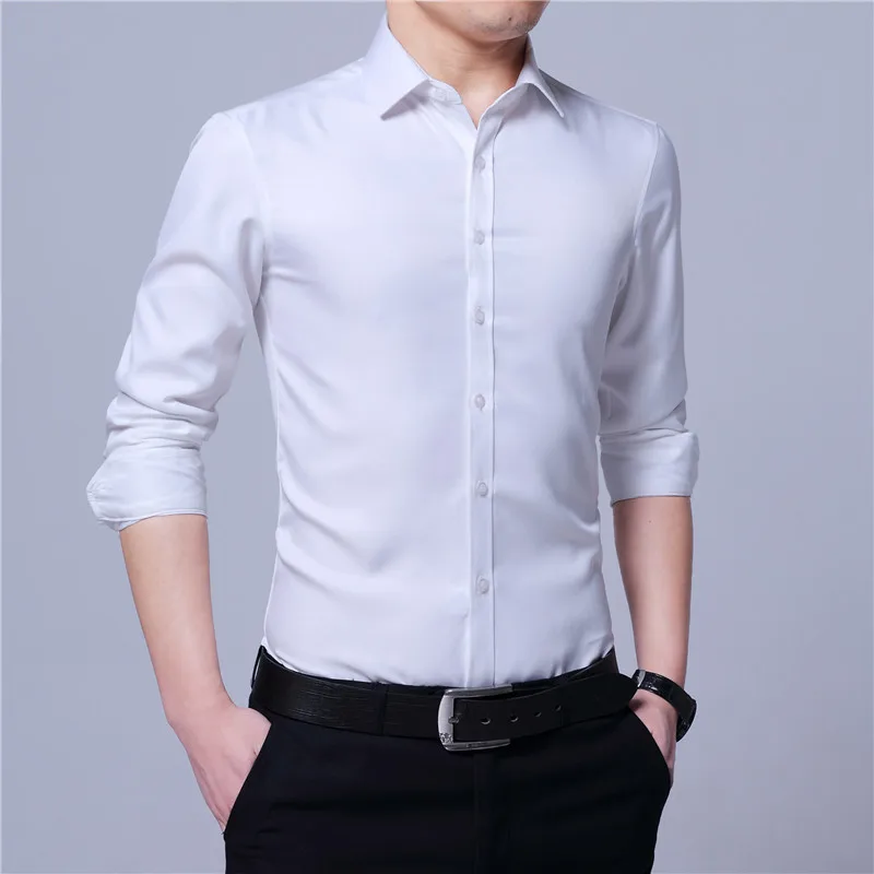 Blusa Masculina Korean Style Casual Slim Fit Shirt Men Solid Long Sleeve Fashion Shirts Mens White Pink Business Office Work 4XL | Мужская