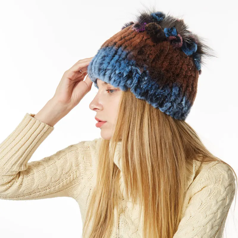 Новинка, зимняя женская шапка,, настоящий мех кролика, skullies& beanies, женские вязаные шапки, зимняя шапка для женщин, толстая шапочка для девочек - Цвет: color 12