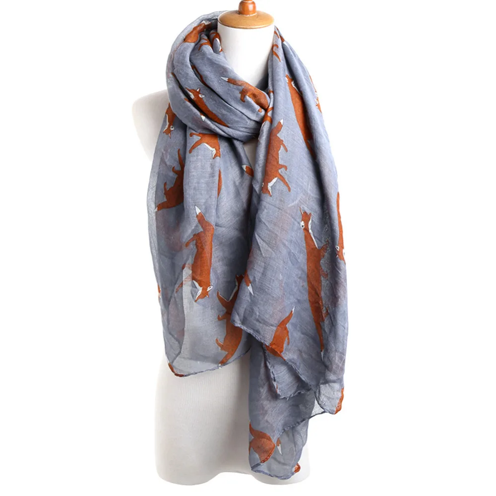 Шарф женский винтажный с принтом лисы и животных Длинный мягкий хлопковый