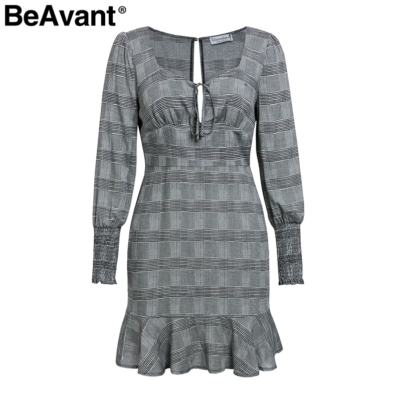 Plaid BeAvant сексуальное клетчатое облегающее гофрированное платье Элегантное с длинными рукавами-фонариками офисное дамское короткое платье летние серые вечерние пляжные платья - Цвет: Plaid