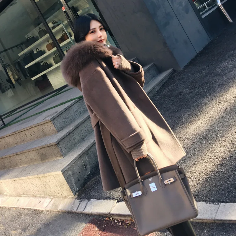2017 женщины зима осень шерсть пальто средней длины женщин енота меховым