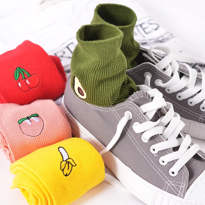New Korean Pile Heap Socks Retro Embroidery Long Section Of Cotton Cute Comfortable Fruit Banana Cherry Pear Pattern | Женская одежда