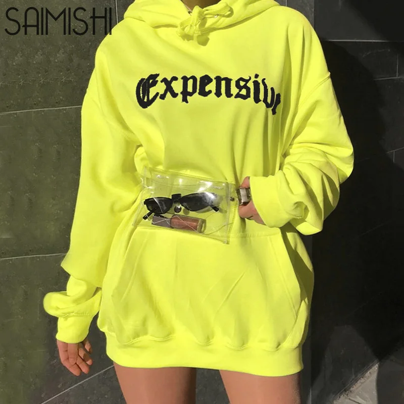 Saimishi, флуоресцентные, с длинным рукавом, с капюшоном, с буквенным принтом, свободные, повседневные, для девушек, топы, весна, осень, для женщин, новая мода, толстовка, толстовки