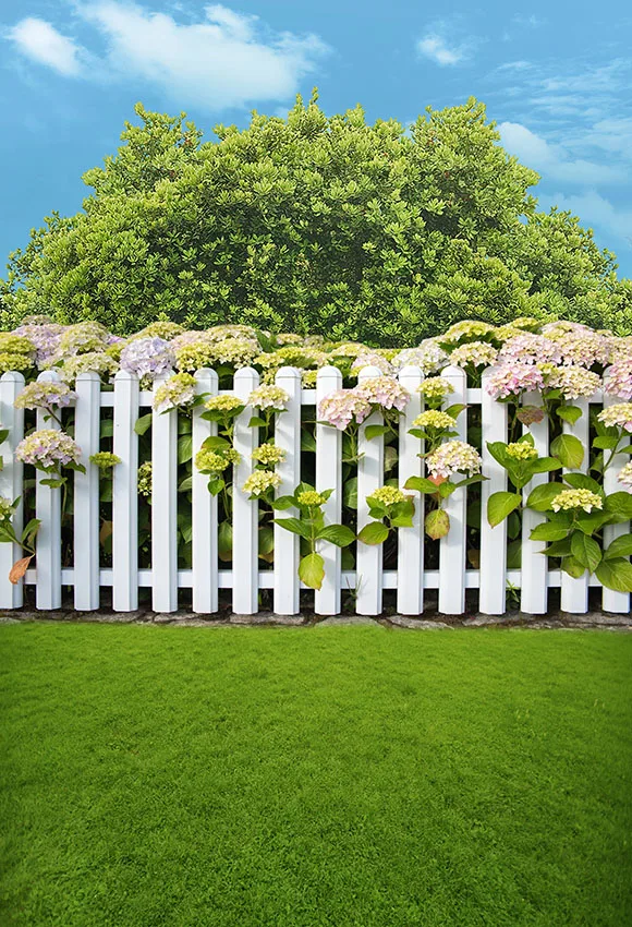 Vinyl Photography Backgrounds Spring Flowers Tree Lawn White Wooden Fence Scenery Decor Children Backdrop for Photo Studio | Электроника