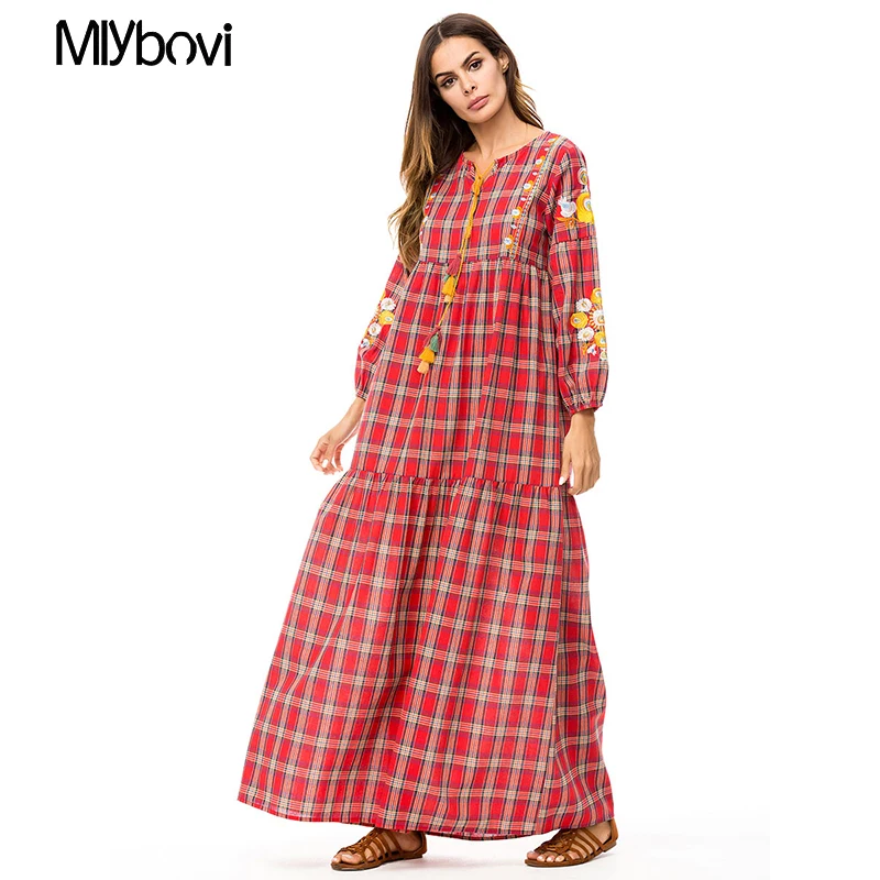Женское красное Плед мусульманского платья 2018 Ретро Дубай Abaya мусульманские