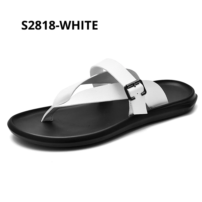 S2818-white SUROM/мягкие удобные Вьетнамки; модные уличные пляжные повседневные мужские шлепанцы; цвет черный, белый; домашние тапочки; мужские Нескользящие шлепанцы - Цвет: S2818-white