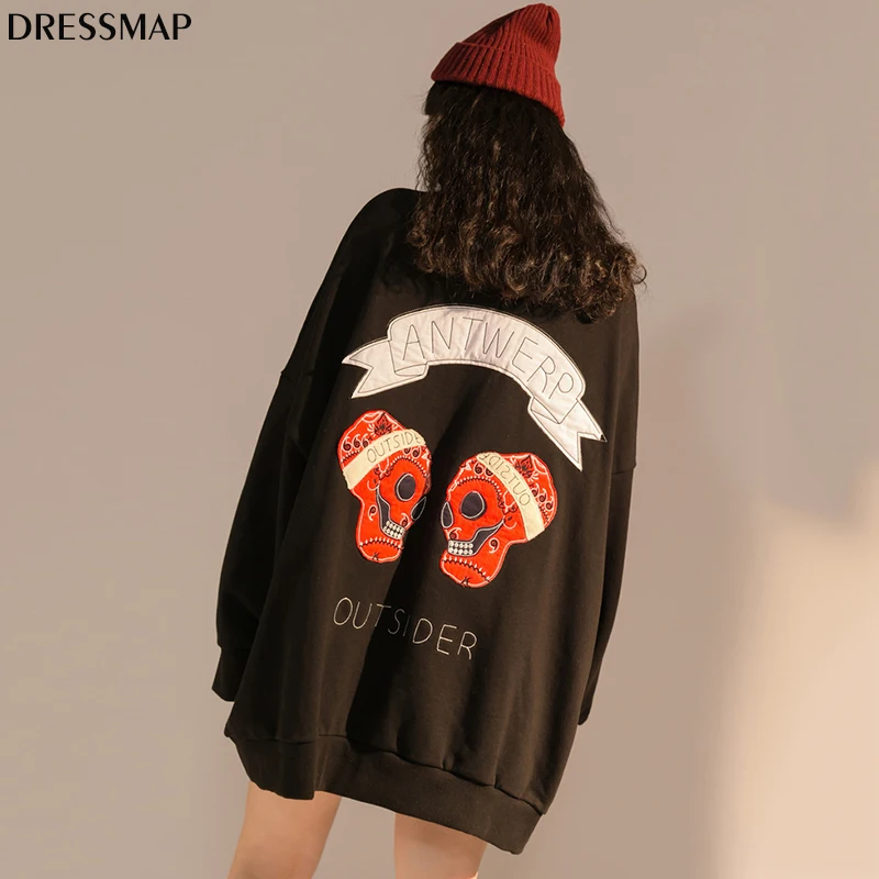 Dressmap 2017 Для женщин oversize-свитшот череп Вышивка уличной моды Толстовки Прохладный