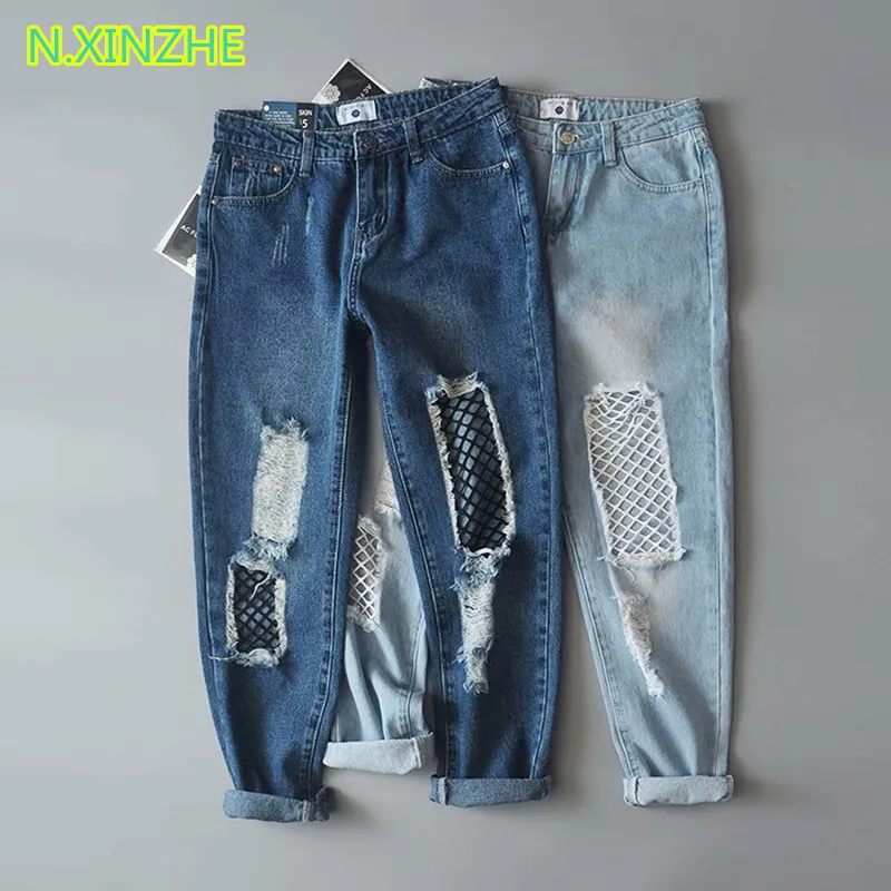2019 women clothing Mid waist hole mesh spliced washed cotton jeans Female casual loose denim capris straight pants K2342 | Женская