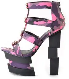 Sinsaut Summer Women Shoes High Heels Wedge Sandals Fuchsia Camouflage Bullet Decoration Sexy Punk Party Sandals - Цвет: Fuchsia