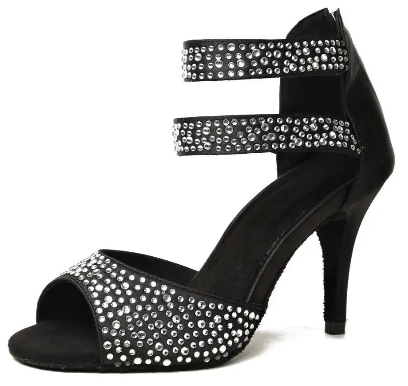 as picture heel 85mm Черная обувь для женщин; женские Вечерние туфли на квадратном каблуке для сальсы; обувь для латинских танцев; стразы на молнии; JuseDanc - Цвет: as picture heel 85mm