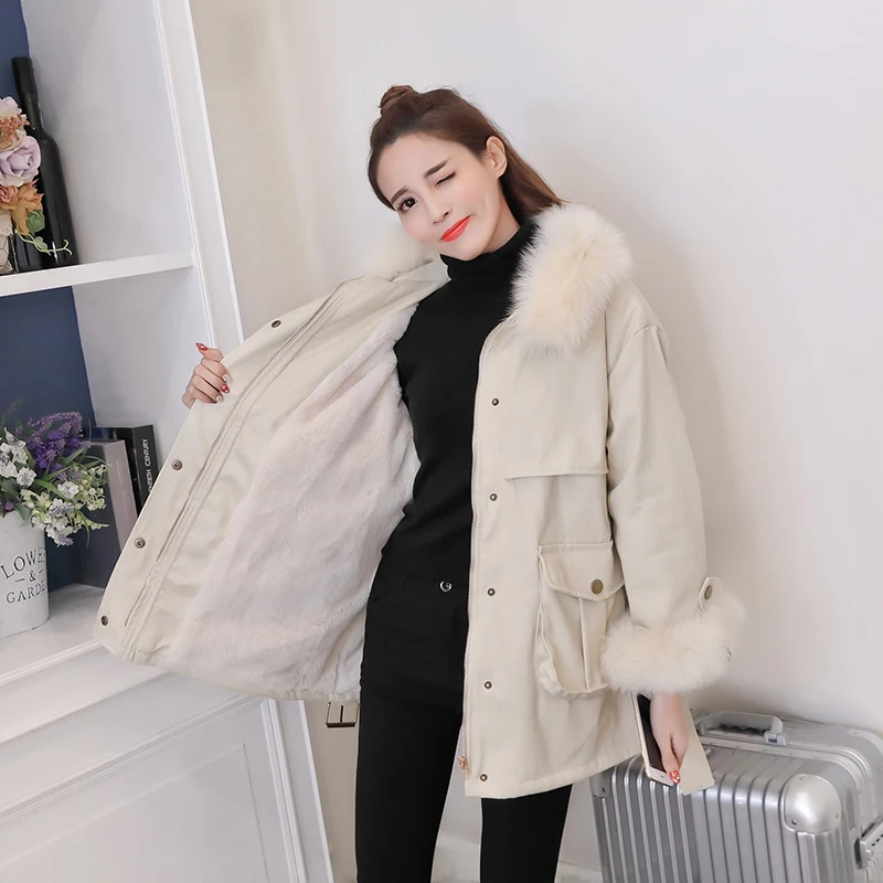Winter Coat Women Parkas 2020 New Style Loose Fur collar Tooling Cotton Jacket Plus velvet Warm Hooded Female HP267 | Женская одежда