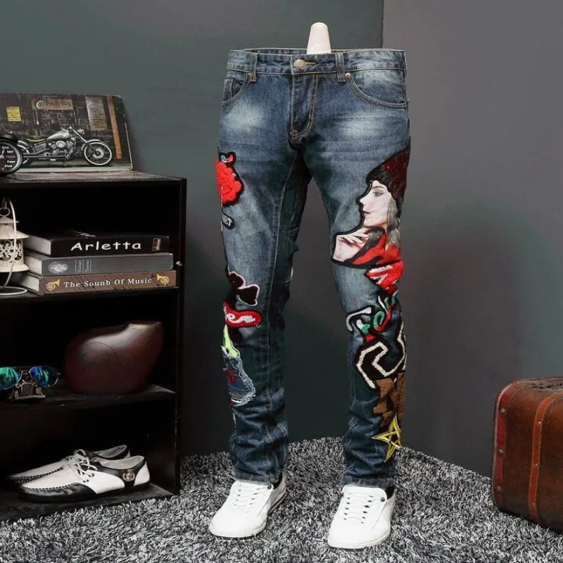 denim Джинсы с вышивкой для тяжелой работы, новые высококачественные дизайнерские брюки, вечерние мужские брюки для ночного клуба, облегающие джинсы - Цвет: denim