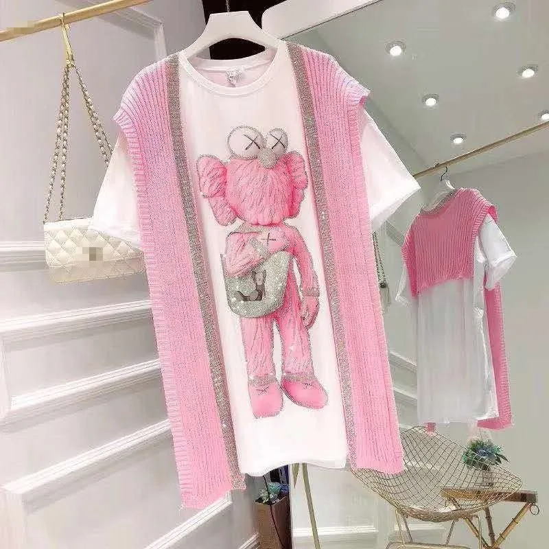 Pink Женский вязаный розовый комплект из 2 предметов, Женский комплект с блестками для женщин, с принтом медведя, с короткими рукавами, с длинными рукавами, комплект из двух предметов, шикарный комплект - Цвет: Pink