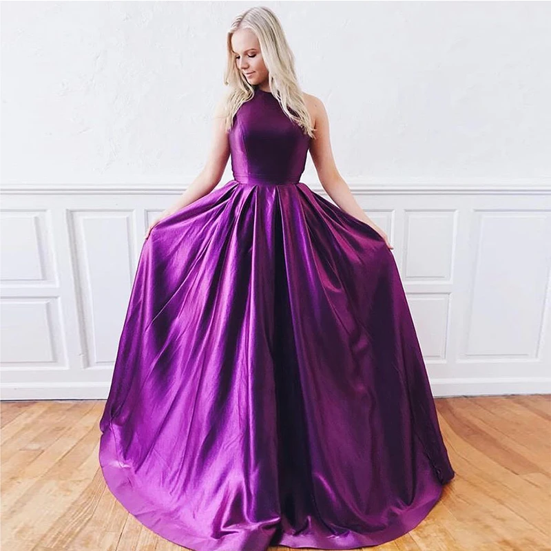 Простое ТРАПЕЦИЕВИДНОЕ платье для выпускного вечера темно Фиолетовое Атласное бальное с