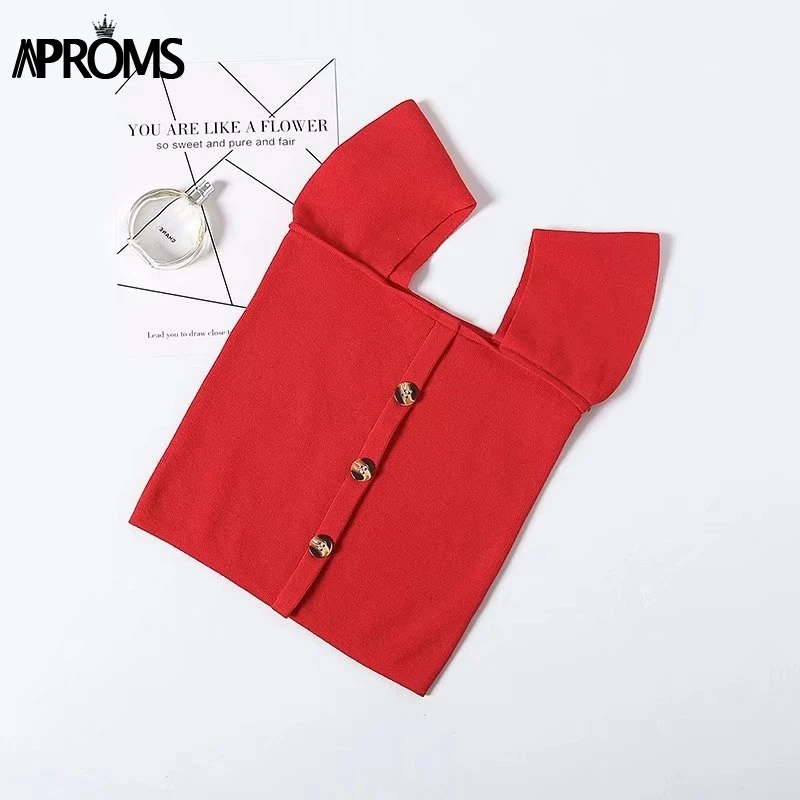 Aproms красный с плеча Трикотажная майка Для женщин пуговицах Slim Fit Crop Top белый основные майки уличная укороченные футболки