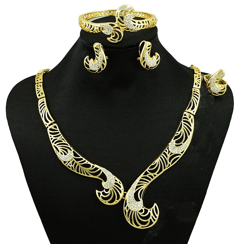 

Sexemara Feather Shape hollow gold party for women fashion necklace earings mom's gift ring bracelet for girl female