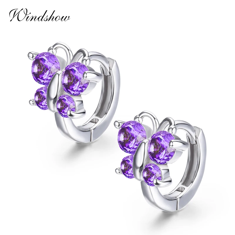 purple Симпатичные 3 цвета Бабочка CZ 925 пробы серебряные маленькие круглые петли Huggies Серьги-кольца для детей детские украшения для девочек Aros - Окраска металла: purple