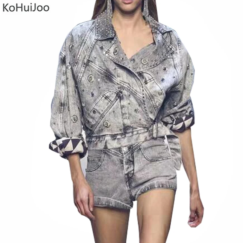 Женская джинсовая куртка KoHuiJoo винтажная свободная короткая с бусинами осенняя