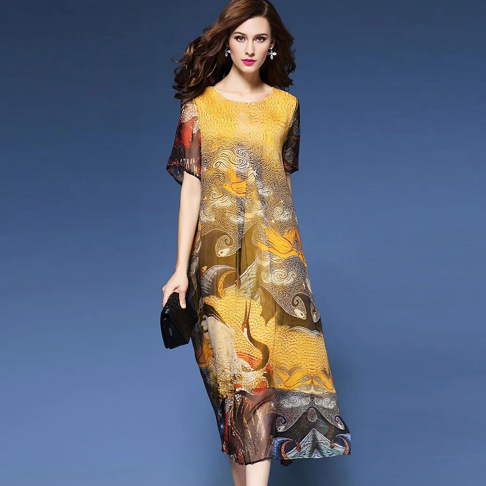 Женское платье с рисунком журавля в китайском стиле винтажное шелковое