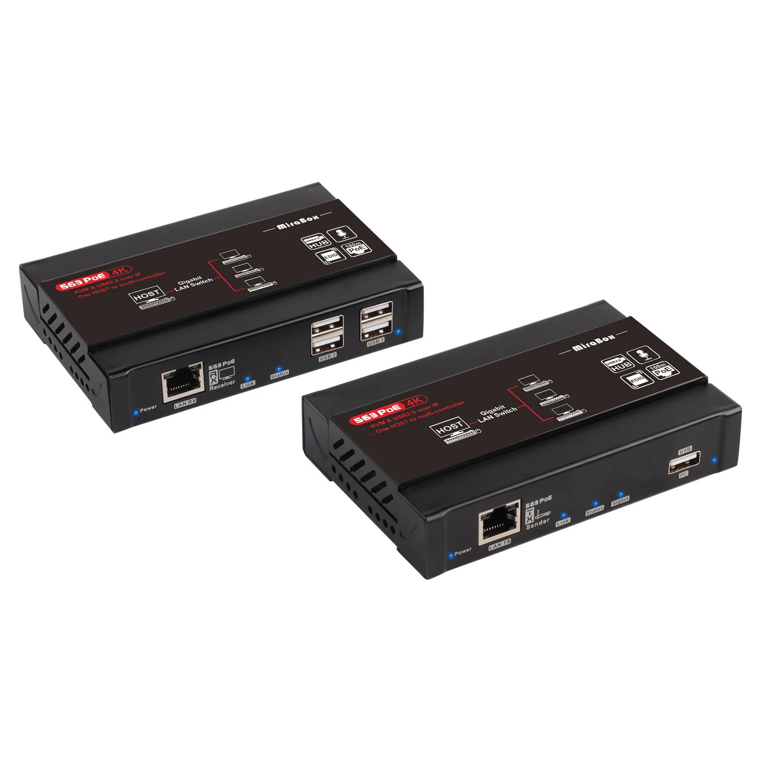 Mirabox HDMI KVM Extender 4K@30Hz Over TCP IP support Gigabit PoE Network Switch up to 383ft  Cat6 to HDMI Receiver
