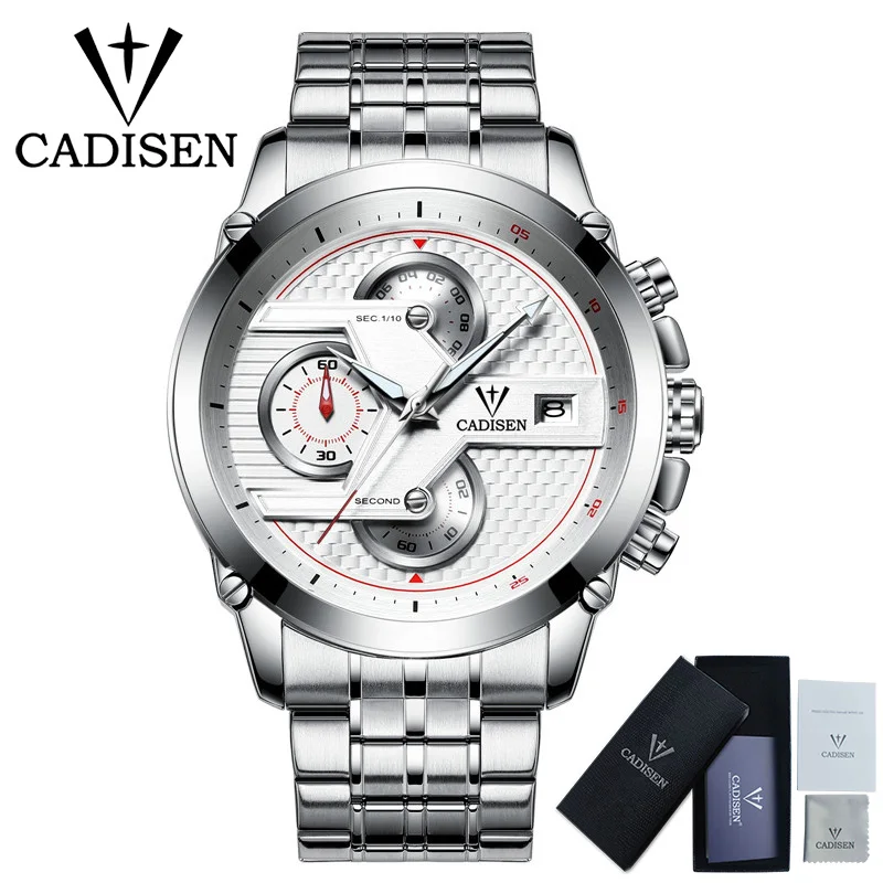 9018-Steel White Cadisen часы мужские Топ бренд хронограф модные повседневные кварцевые мужские часы кожа спортивные 30 м Водонепроницаемые мужские наручные часы - Цвет: 9018-Steel White