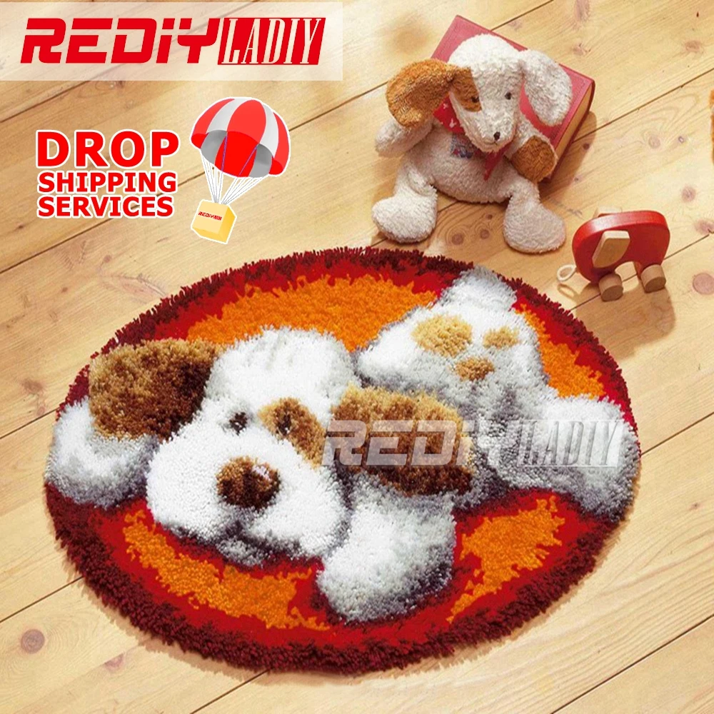 

Latch Hook Rug Kits DIY Needlework Unfinished Crocheting Rug Yarn Cushion Mat White Dog at Rest 3D Embroidery Decorative Carpet