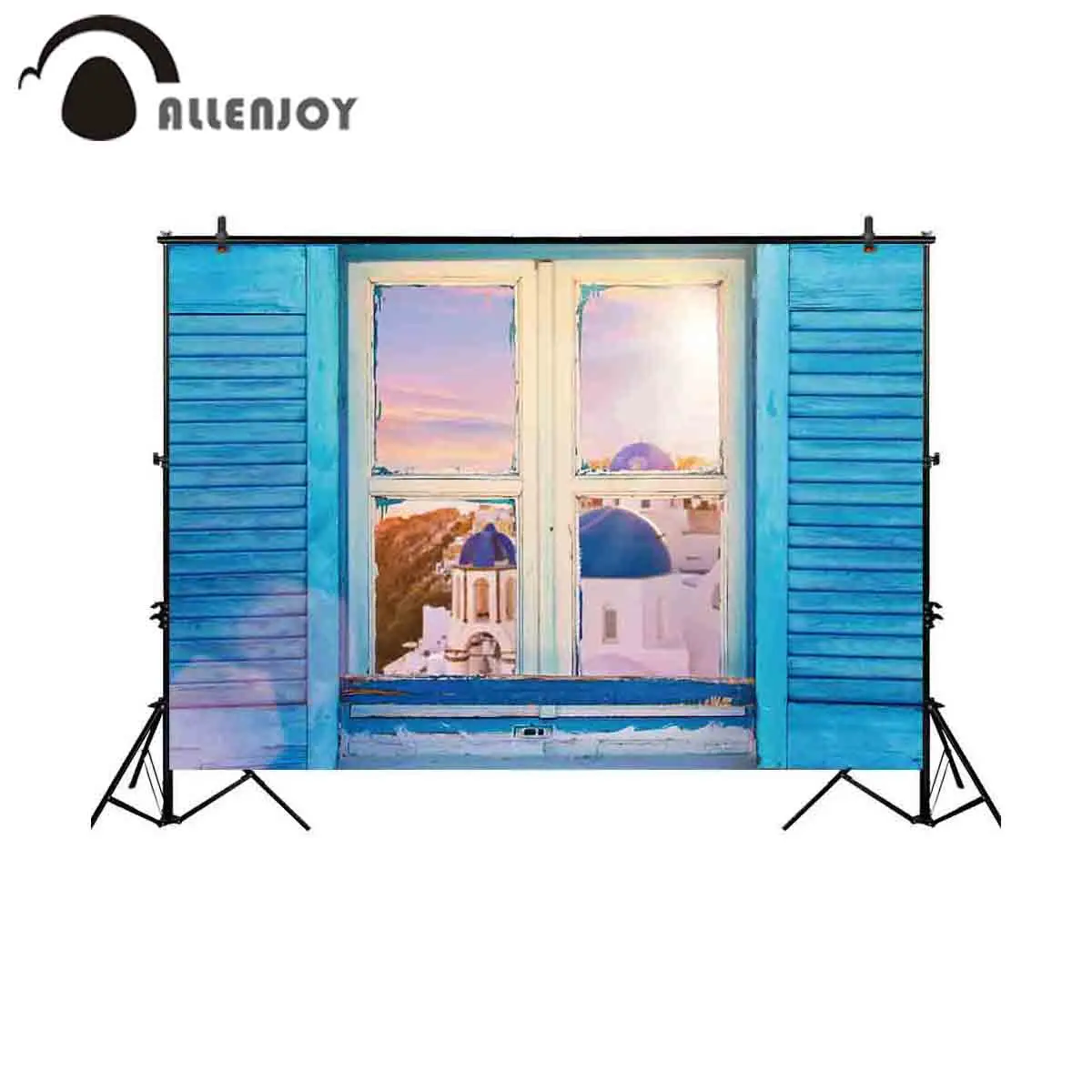 

Allenjoy фон для фотосъемки с греческим окном, синими жалюзи, ландшафтный фон для фотосъемки, реквизит для фотобудка для фотосессии, ткань