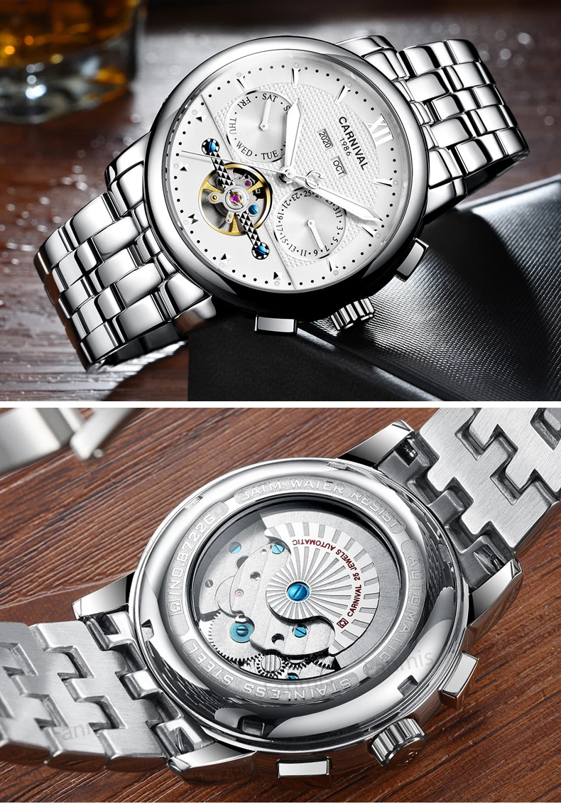 Карнавал полые механические часы Для мужчин Tourbillon Day Date Водонепроницаемый